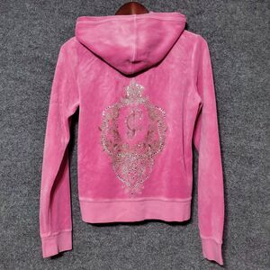 Juicy Couture Big Bling Velour Full Zip Hoodie Womens Juniors Large Pink Y2K